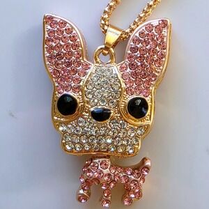 Betsey Johnson Rhinestone Dog Pendant Necklace Pink White‎ Gold Tone Chain